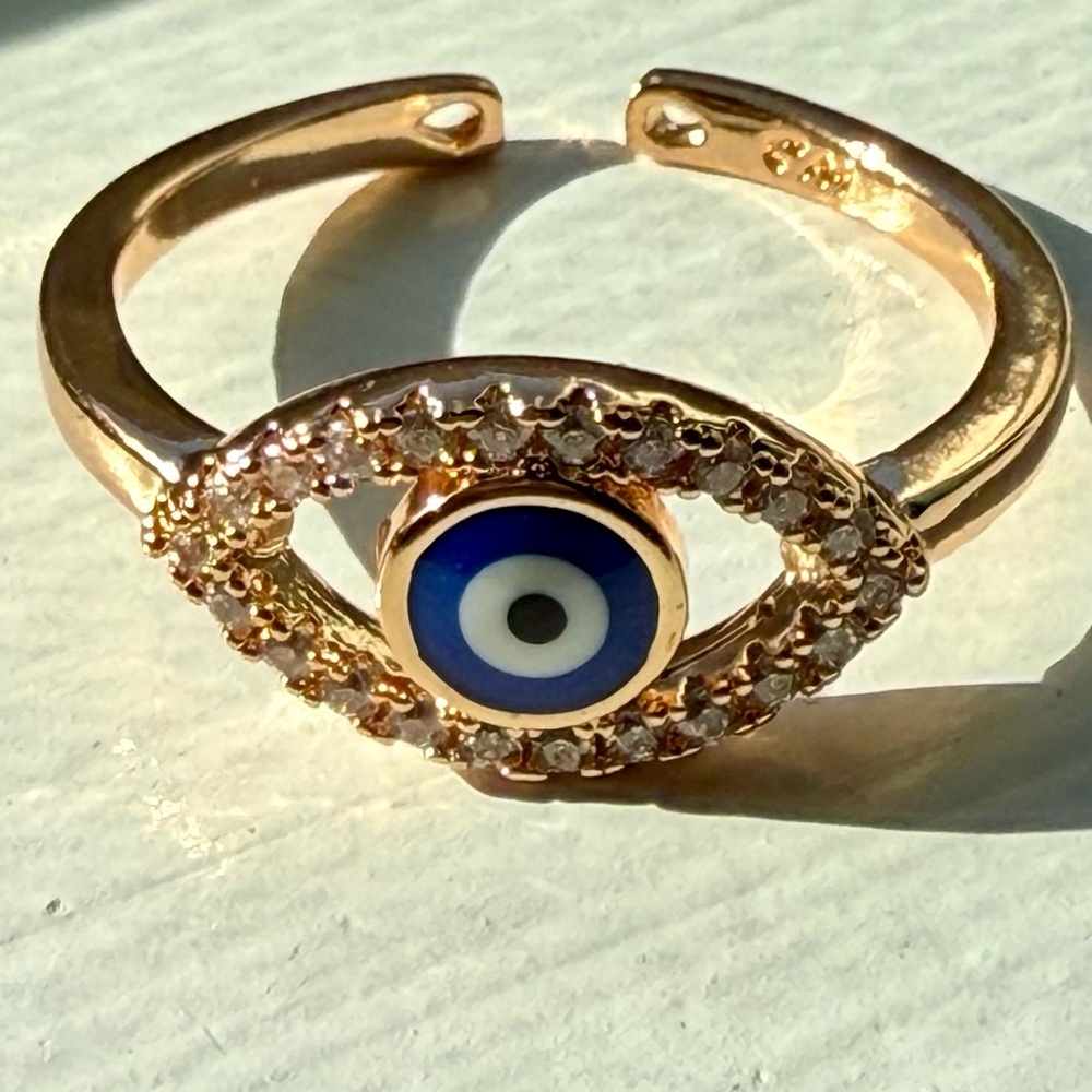 NEW! Pretty Bird Jewelry Gold-Tone Evil Eye Ring with Blue Enamel Center